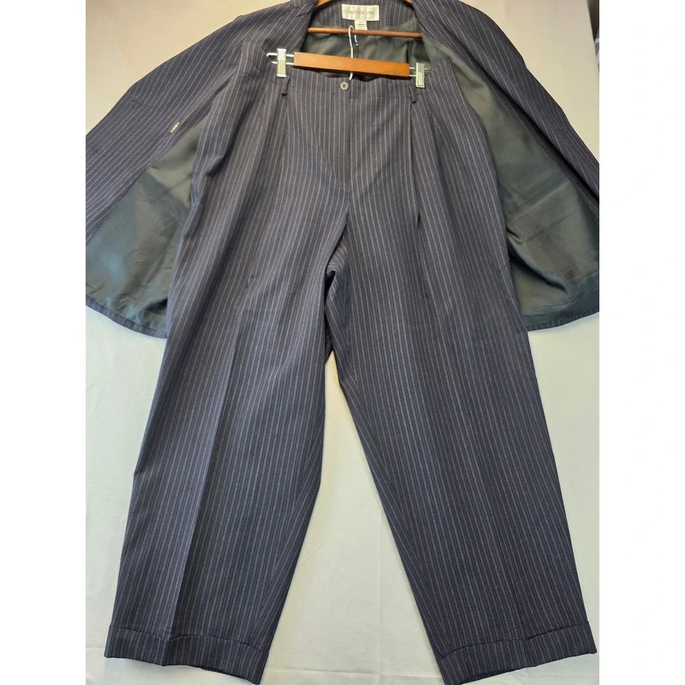 Jones New York Pinstripe Worsted Wool Suit Set Navy Blazer 18W Pants 16W USA